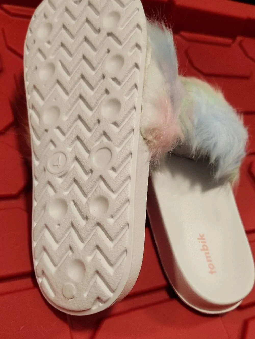 Pastel Rainbow Faux Fur Slide Sandals - White